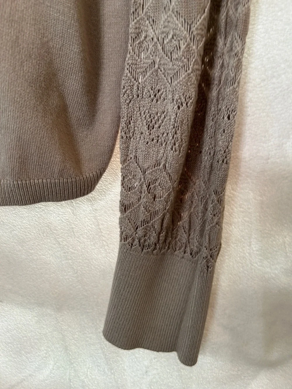 Taupe Knit Sweater with Lace Sleeve Panels - Picture 9 of 11